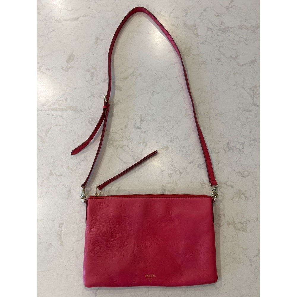 Fossil Sydney Crossbody Bag Women Pink Bar Leather Zip Barbiecore Preppy Coastal